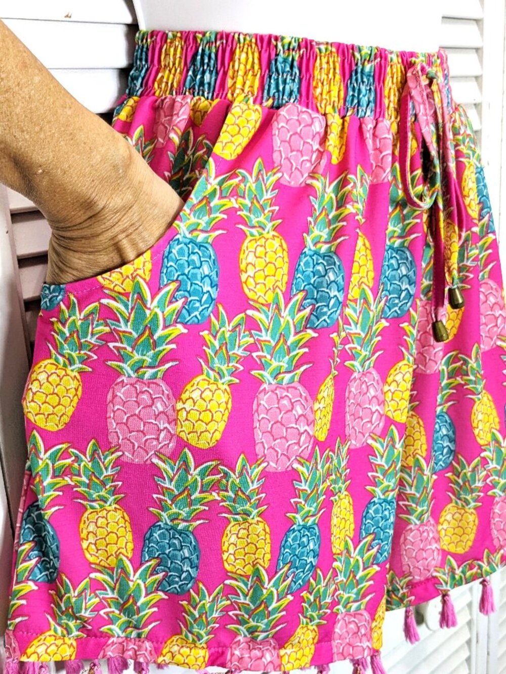 Simply Southern Tropical Pineapple Shorts Pink L/XL Fringe Tassel Pull On